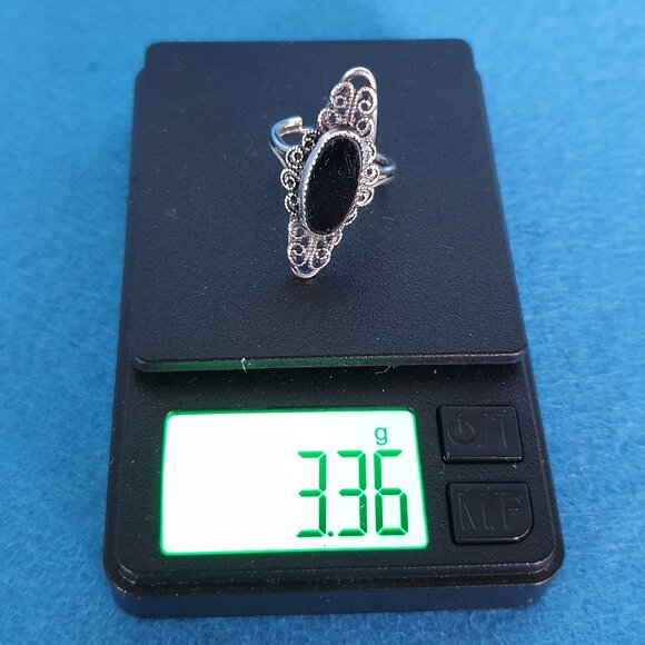 Rare Vintage 1940s Beaucraft Sterling Silver Filigree Black Onyx Adjustable Ring - Picture 12 of 12